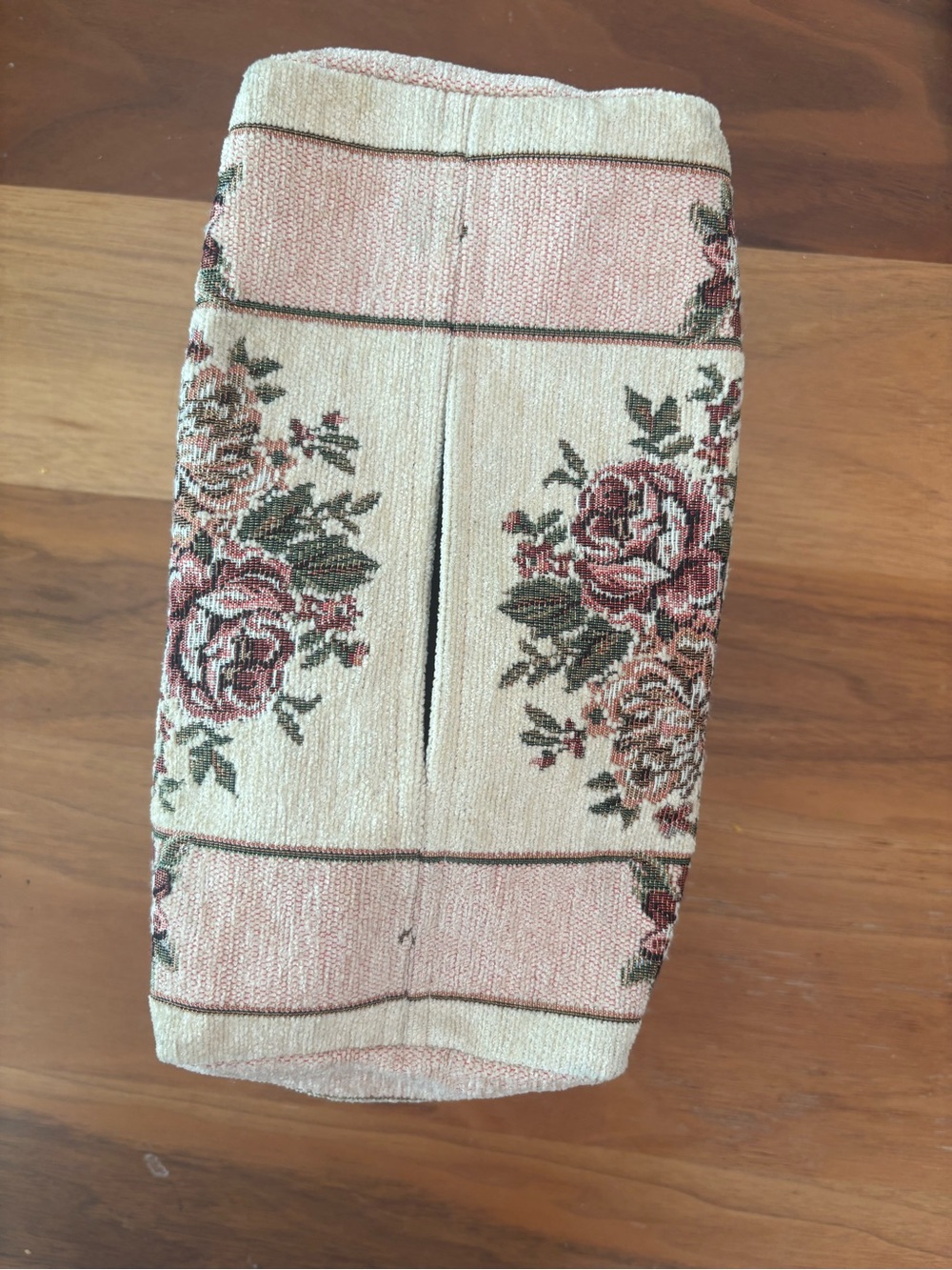 Vintage Handmade Floral Tissue Box Cover | Pink Rose Tapestry Cottagecore